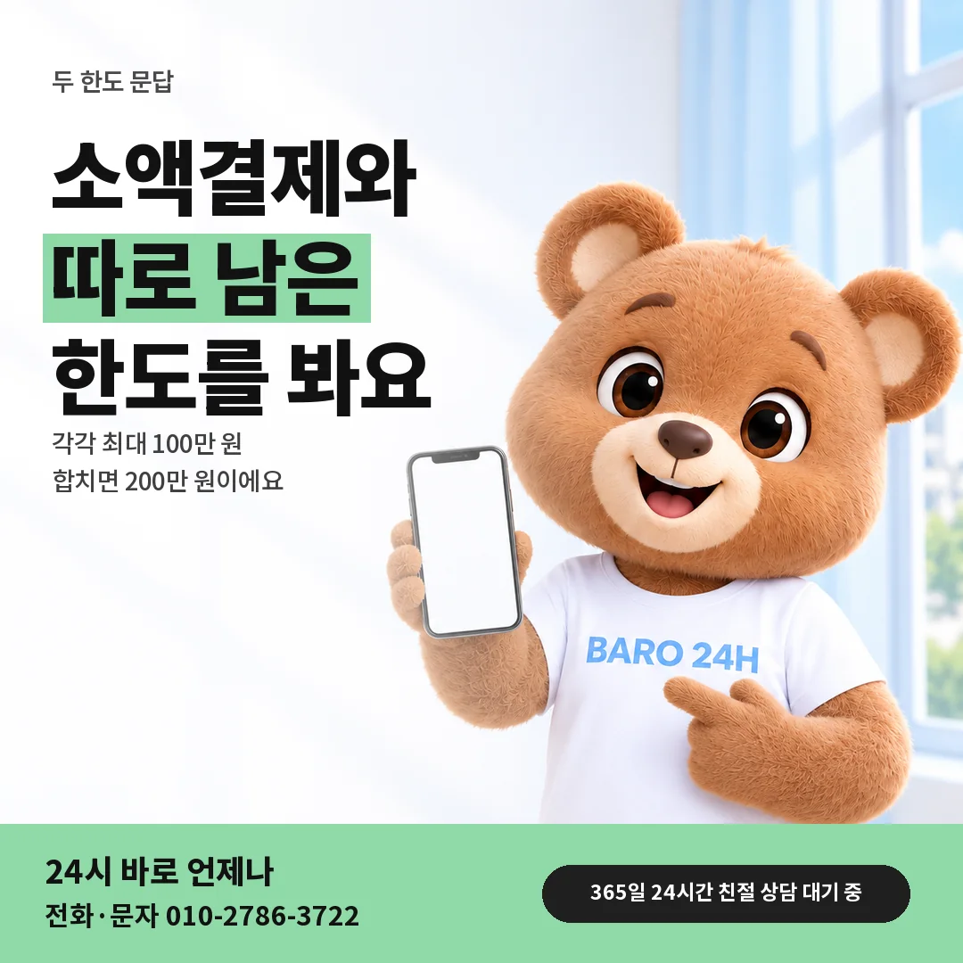 BARO 24H 티셔츠를 입은 3D 곰 캐릭터 옆에 「소액결제와 다른 한도」 제목을 얹은 안내 카드