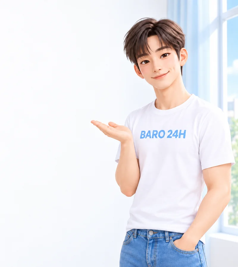 휴대폰을 들고 상담을 안내하는 BARO 24H 티셔츠 차림의 20대 3D 인물